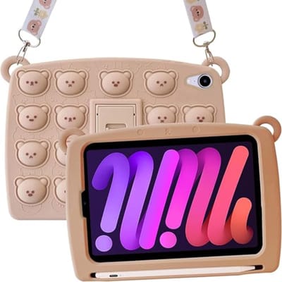 Kindercase Geschikt voor iPad Mini 7 en 6 - Schattige Bruine Beer Coole Bescherming met Penhouder en Schouderband