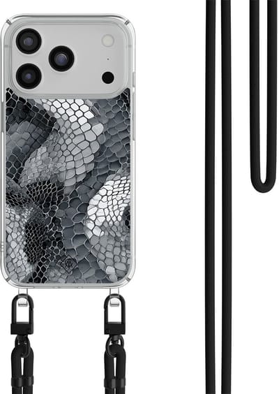 Casimoda® hoesje met zwart koord - Geschikt voor iPhone 17 Pro - Python Grijs - Afneembaar koord - TPU/polycarbonaat - Grijs