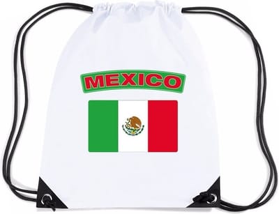 Mexico thema sporttas - nylon rijgkoord rugzak - wit met vlag print - supporters - 11 liter - 45 x 34 cm