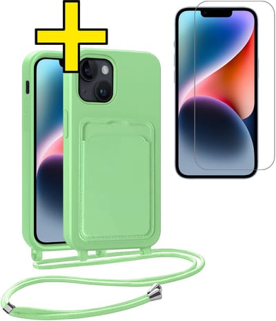 Hoesje Geschikt voor iPhone 13 Telefoonhoesje Met Koord Case Pashouder Met Screenprotector Siliconen - Hoes Geschikt voor iPhone 13 Hoesje Met Kaarthouder - Groen