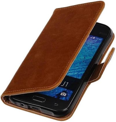 Zakelijke Book Case Telefoonhoesje Geschikt voor de Samsung Galaxy J1 J100F - Portemonnee Hoesje - Pasjeshouder Wallet Case - Bruin