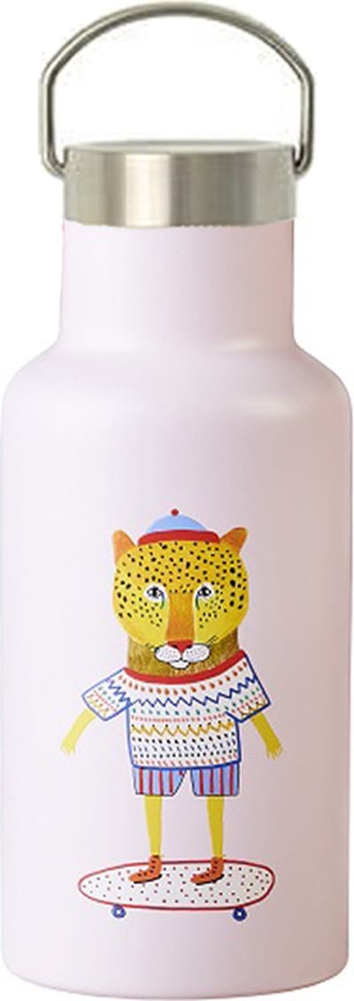 Bioloco - Thermosfles Kind RVS met Verwisselbare Doppen - Tijger Ollie op Skateboard - Dop met Rietje/Dop RVS - Dubbelwandig - 8x8,5x22cm