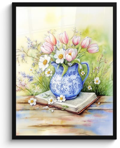 Poster in lijst - Fotolijst 50x70 cm - Posters - Vaas - Delftsblauw - Madeliefjes - Posterlijst zwart - Decoratie - Wanddecoratie woonkamer - Muurdecoratie slaapkamer