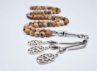 Handgemaakte tesbih "Tasbih" natuursteen "Picture Jasper" - Aantal kralen 99 - Diameter kralen 8MM - met metaal tassel "Yarab" - Een mooi cadeau-idee