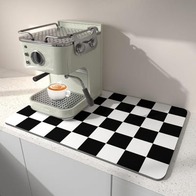 Afdruipmat Voor De Keuken 40 x 45 CM, Past Onder Het Koffiezetapparaat, Geruite Afdruipmat, Vlekkenverbergende Rubberen Achterkant, Absorberende Droogmat Voor Espressomachines, Zwart En Wit