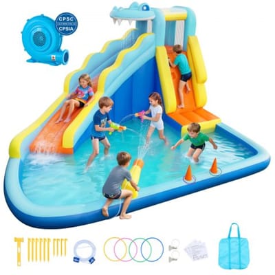 VEVOR Opblaasbaar Water Springkasteel voor Buiten (353 x 400 x 235 cm), Springkasteel met Waterglijbaan (Krokodillendesign) & Klimwand & Zwembadje & Ringwerpspel, voor 3-4 Kinderen (3 tot 8 jaar)