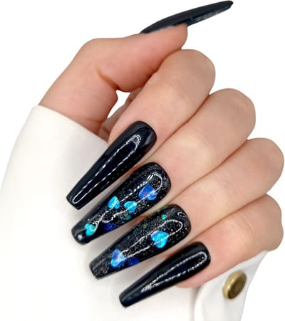 SD Press on Nails - No. 13 Moments - XL Coffin - Zwart Blauw Hartjes - Plaknagels - Gelnagels - Handgemaakte Nagels - 20 stuks - Cosplay - Accessoires - (gel)Nagellak - Nepnagels - Nagelstudio - Nail Art - Nagels met lijm