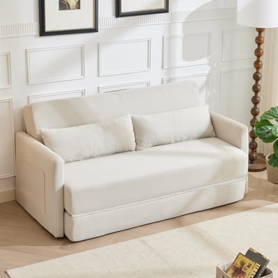 DESMIU Slaapbank 165 x 92 x 82 cm - 2-in-1 Klapsofa Met 2 Lendenkussens En Magazijntassen - Voor Woonkamer En Logeerkamer - Cordstof Beige