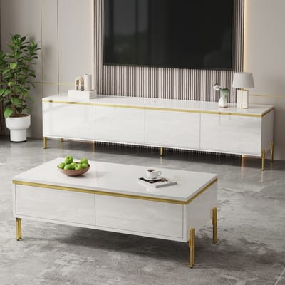 MODFU - Tv-Meubel- En Salontafelset - Hoogglans - Met Opbergruimte - Modern - Voor Woonkamer - Spaanplaat - Wit