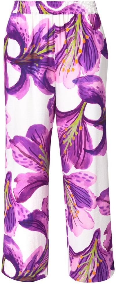 Ulla Popken - Dames - Broek bloemen wijde pijp elastische tailleband - Paars - Maat 42+