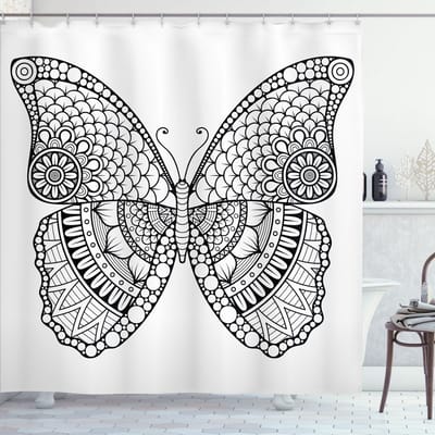ABAKUHAUS Henna Douchescherm – Monochroom Vlinder – 175×240 cm – Wit/Zwart