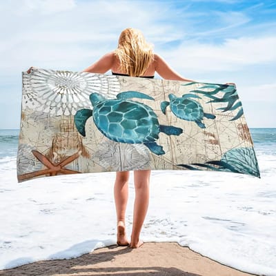 Strandlaken Met Schildpad En Zeesterrenpatroon Zonbescherming En Winddicht Geschikt Voor Strand Zwembad Kamperen Reizen Stranddeken 75x150cm&1pc