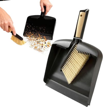 Mini bezem en veegset - Kleine bezem Veegblik - Snelle reiniging - Ergonomische houten handgreep - Compact ontwerp - Zwart