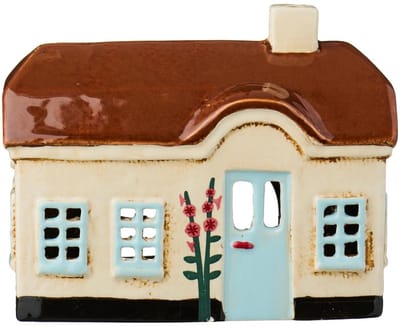 Ib laursen - Keramieken Huisje Ebeltoft - Beige met Stokrozen - Waxinelichthouder