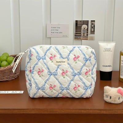 Schattige strik bloem quilten katoenen make-up tas vrouwen rits cosmetische organizer vrouwelijke stoffen handtas draagbare toilettas voor meisjes