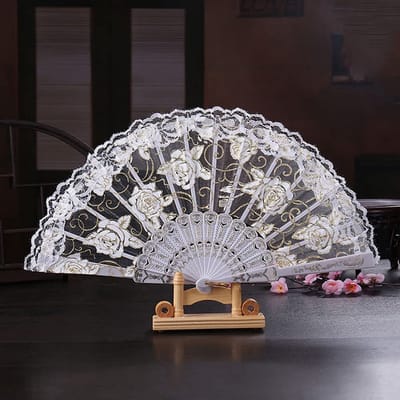 Dailygoody - Kanten Bruiloftswaaier - Vintage Opvouwbaar - 42 x 23 cm - Voor Bruiloft en Feest - Handheld Ventilator - Wit