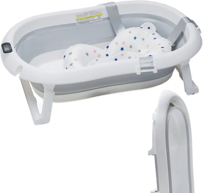 Babybadje met thermometer, antislip en opvouwbaar, voor 0-2 jaar, grijs