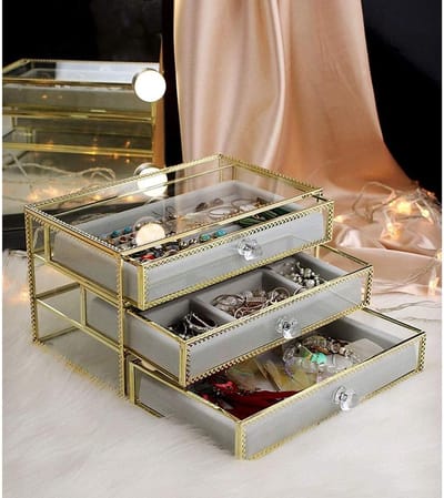 Sieradendoos Glas - Juwelendoosje Organizer - Sieraden Opbergen - Met 3 Laden - 91x55x55 inch - Zilver Grijs