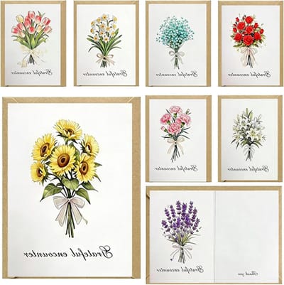 SnelShoppen - Set van 8 Bedankkaarten met Enveloppen en Stickers, Bloemboeket Ontwerp, Vouwkaarten voor Bruiloft, Verjaardag, Doop, Afscheid, Groetkaa