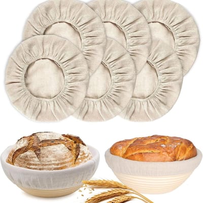 6-delige ronde fermentatiemandhoes van katoen en linnen - 25 cm diameter - voering voor rotan broodmand