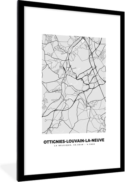 Fotolijst incl. Poster Zwart Wit- Stadskaart – Zwart Wit - Kaart – Ottignies Louvain la Neuve – België – Plattegrond - 80x120 cm - Posterlijst