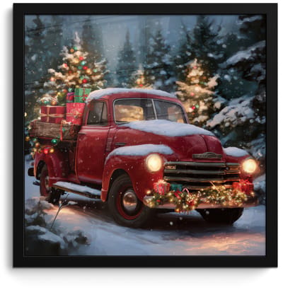 Poster in lijst - Fotolijst 40x40 cm - Posters - Kersttruck - Sneeuwbos - Rood - Posterlijst zwart - Decoratie - Wanddecoratie woonkamer - Muurdecoratie slaapkamer - Kerstversiering - Kerstdecoratie voor binnen - Kerstmis