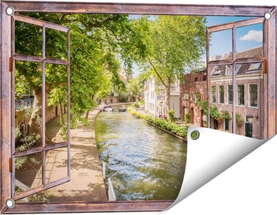 Gards Tuinposter Doorkijk Oudegracht in Utrecht - 60x40 cm - Tuindoek - Tuindecoratie - Wanddecoratie buiten - Tuinschilderij