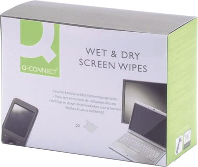 Q-CONNECT Wet & Dry beeldschermreinigingsdoekjes, doos van 20 paar (1 Wet en 1 Dry)