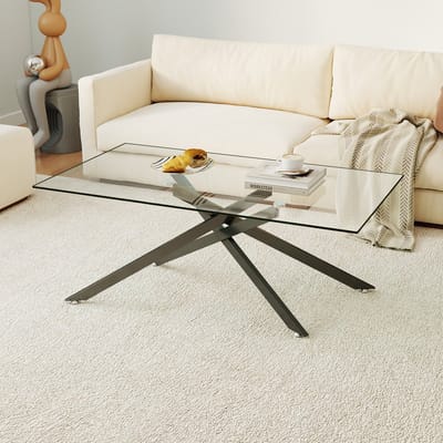 Pugsdrly Salontafel van gehard glas, rechthoekige salontafel, zwarte, gevormde metalen poten, moderne salontafel, zwart-H46/B120/T60 cm