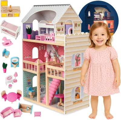 Mamabrum Houten Poppenhuis XXL met LED Verlichting - Inclusief Meubels en Accessoires - Poppen Huis met 3 Verdiepingen en Terras - 90 cm Hoog