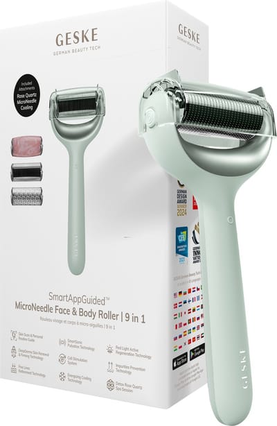 GESKE | SmartAppGuided™ MicroNeedle Face & Body Roller | 9 in 1 | rozenkwarts | Elektrische dermaroller | Microneedling | Microneedling-apparaat | Roller | Schoonheidsroller voor gezicht en lichaam
