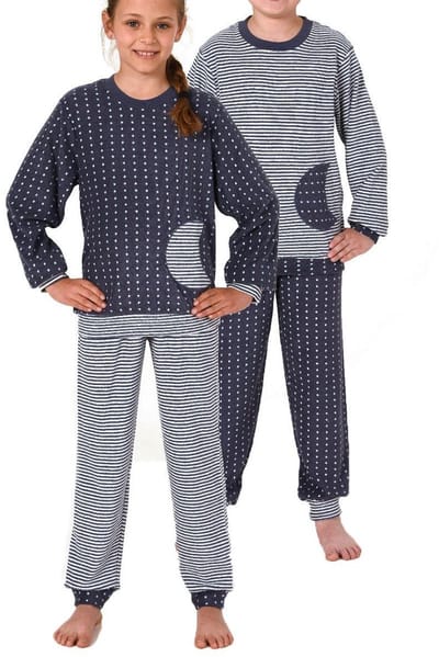 Badstof pyjama voor jongens met manchetten, warme kinderpyjama in leuke gestreepte look