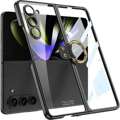 Voor Samsung Galaxy Z Fold 5 Hoesje Ultra Dun Gegalvaniseerd Transparante Ringhouder Met Gehard Glas Schokbestendig Harde Achterkant for Galaxy Z Fold 5