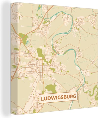 Canvas Schilderij Kaart - Ludwigsburg - Plattegrond - Stadskaart - Vintage - 20x20 cm - Wanddecoratie