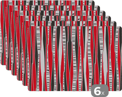 Placemat - Placemats kunststof - Rood - Patronen - Boom - 45x30 cm - 6 stuks - Hittebestendig - Anti-Slip - Onderlegger - Afneembaar