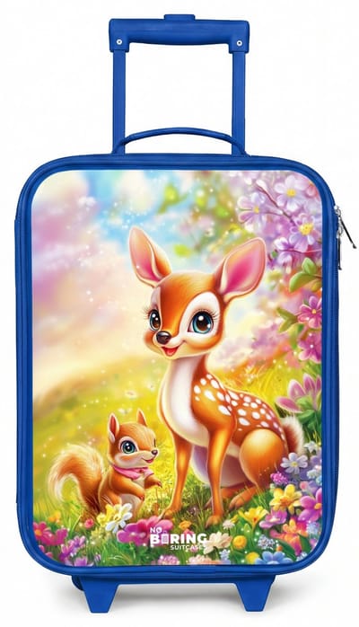 NoBoringSuitcases.com® - Kinderkoffer blauw - Kindertrolley jongen - Hertje en eekhoorn in kleurrijk bloemenveld - Koffer kind lichtgewicht - Reiskoffer trolley voor kinderen - Koffertje met lichtgevende wieltjes - Rolkoffer