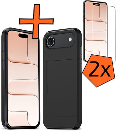 Hoesje Geschikt voor iPhone Air Hoesje Pasjeshouder Shockproof Hard Case Met 2x Screenprotector - Hoesje Geschikt voor iPhone Air Hoes Met Kaarthouder - Zwart