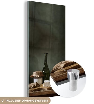 MuchoWow® Glasschilderij 20x40 cm - Schilderij acrylglas - Rustiek - Brie - Stilleven - Fles - Brood - Foto op glas - Schilderijen