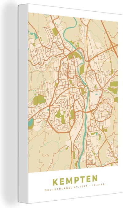 Canvas Schilderij Plattegrond - Kempten - Kaart - Stadskaart - Vintage - 20x30 cm - Wanddecoratie