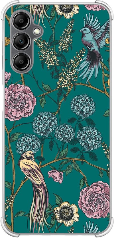 Hoesje (shockproof) geschikt voor Samsung Galaxy A14 5G - Vogels Japanse bloemen - Extra sterke case - TPU/polycarbonaat - Bloemen - Groen, Transparant