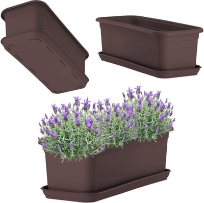 KADAX Wamat, 40 cm, met onderzetter, balkonbak van kunststof, voor binnen en buiten, bloempot voor balkon, terras en vensterbank, bruin