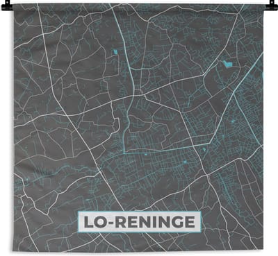 Wandkleed - Wanddoek - Kaart – Plattegrond – Stadskaart – Lo Reninge – België - Grijs - 180x180 cm - Wandtapijt