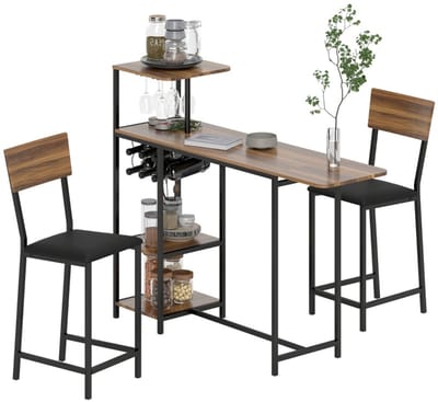 Merax Uitschuifbare Bartafel Met 2 Barstoelen - 3-Delige Bartafelset Met Wijnrek En Wijnglashouder - Ruimtebesparende Keukentafel Met Opbergrek - Stalen Frame - Bruin - 140 X 40 X 116 Cm