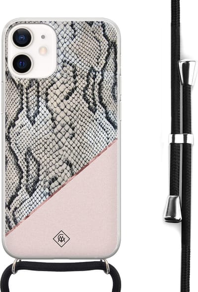 Casimoda® hoesje met koord - Geschikt voor iPhone 12 Mini - Snake Print Roze - Afneembaar koord - Siliconen/TPU - Roze
