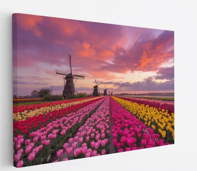 Saammp Canvas Schilderij - Nederland - Bloemen - Tulpen - Molen - Landschap - Natuur - 45x30 - Foto op canvas - Wanddecoratie - Muurdecoratie Woonkamer - Slaapkamer decoratie - Canvas Print