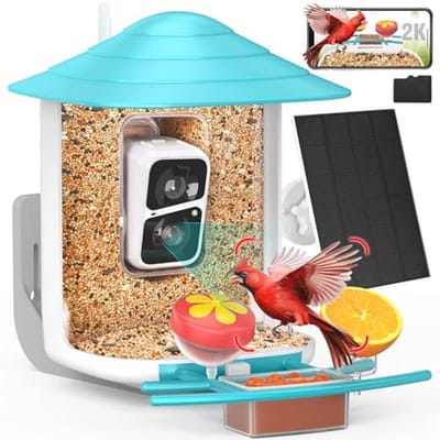 birdsnap® TUC- Vogelvoeder met camera+zonnepaneel 32 GB kaart 4-in-1 baars, 160 ° View 1080P livestream automatische melding AI identificeren 10000+ vogelkijkcamera draadloos buiten voor