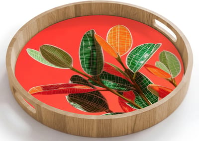 Dienblad rond 40x40 cm - Schootdienblad hout - Bladeren - Nerven - Oranje - Structuur - Borrelplank rechthoek - Plateau houten dienbladen