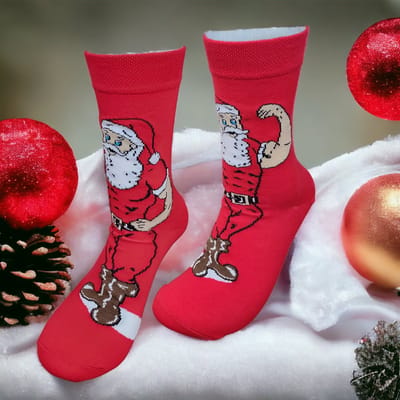 Kerstsokken - Kerstcadeau - Kerstman sokken - Spierbundel - Kado - Grappige sokken - Leuke sokken - Vrolijke sokken - Luckyday Socks - Rode sokken - Kerst Cadeau sokken - LuckyDay Socks - Sokken waar je vrolijk van wordt - Maat 37-44