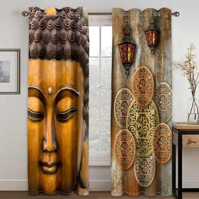 Statue de Bouddha Indien en Pierre Zen Lotus Rideaux Fins Pas Chers 2 Pièces pour Décoration Salon Chambre Deux Panneaux W60H60(CM)x2pcs&Grommet Top black