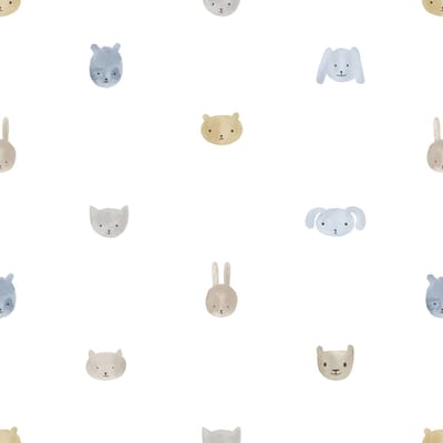 Behang - Dieren - Aquarel - Babykamer Jongen - Wit Blauw - Kinderkamer - Dierenhoofdjes - Beer Kat Konijn - 0,53 x 10,05 M - Happy